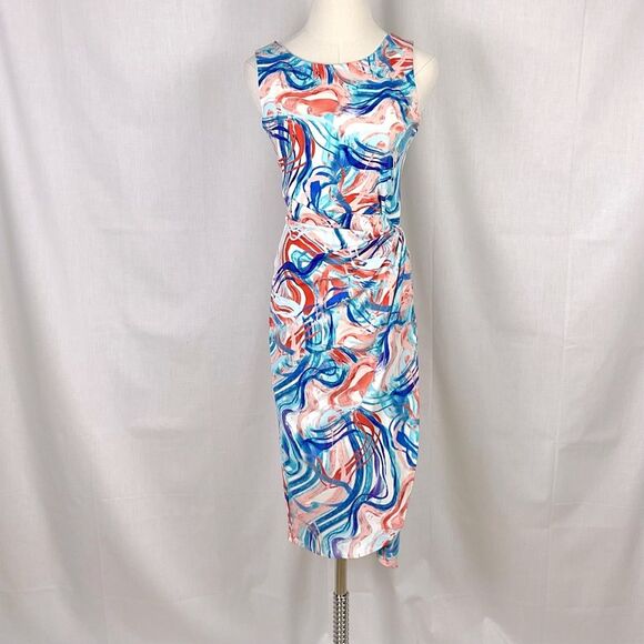 Tahari ASL Sleeveless Sheath Dress Midi Multicolor Geometric Print Sz 6 New - Picture 3 of 12